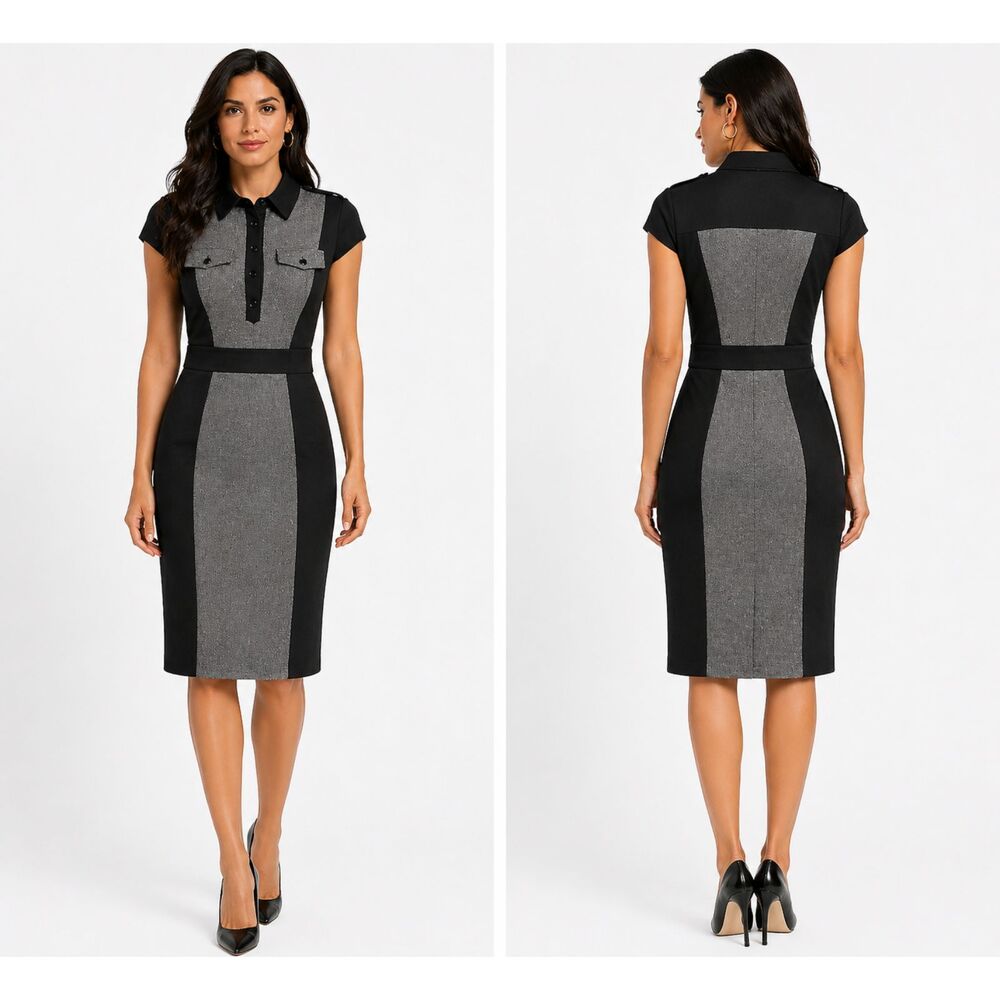 Karen Millen Gray Black Colorblock Military Safari Career Sheath Dress 8US/12UK